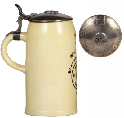 Third Reich stein, 1.0L, pottery, SS, Hof Moschendorf Sturmbannführer, 1944, Ludwig Bauer, pewter lid with relief skull, very good repair of rim chips. - 3