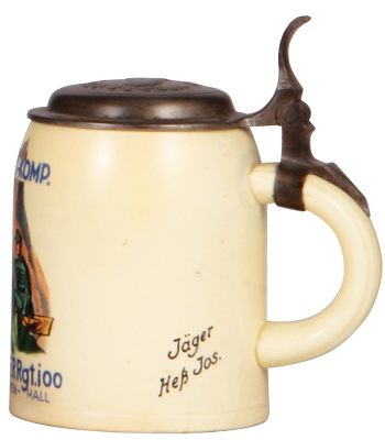 Third Reich stein, .5L, pottery, Gebirgs Jäger Rgt. 100, Bad Reichen Hall, owner's name, correct new pewter lid with relief cap, good base chip repair. - 2