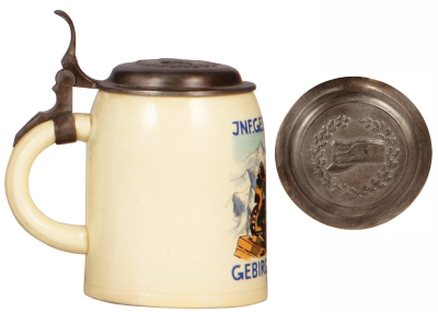 Third Reich stein, .5L, pottery, Gebirgs Jäger Rgt. 100, Bad Reichen Hall, owner's name, correct new pewter lid with relief cap, good base chip repair. - 3