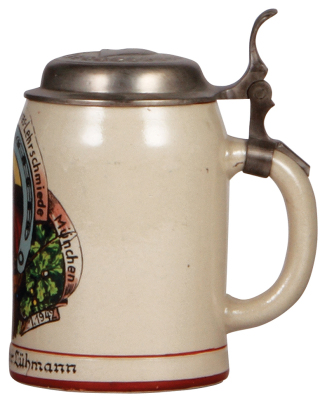 Third Reich stein, .5L, stoneware, Lehrgang d. Heeres - Lehrschmied, 1938 München, owner's name, new pewter lid with relief helmet with swastika, body mint. - 2