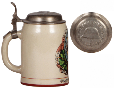 Third Reich stein, .5L, stoneware, Lehrgang d. Heeres - Lehrschmied, 1938 München, owner's name, new pewter lid with relief helmet with swastika, body mint. - 3