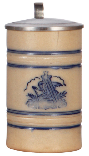 Stoneware stein, .5L, impressed, by Whites, Utica, N.Y., marked 5, A & Eagle, pewter lid, faint hairline.&nbsp;