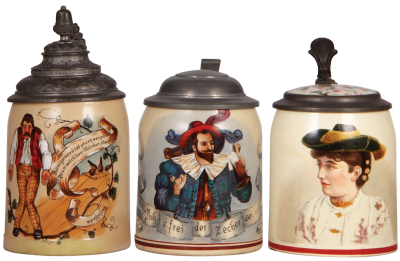 Three pottery steins, .5L, transfer decorations, two pewter lids and one inlaid lid, first has a loose hinge, second has a small base chip, third has two chips on the underside rim. 