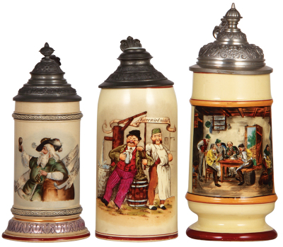 Three pottery stein, .5L, transfer, base chip; 1.0L, transfer, pewter lid with a small porcelain inlay, good condition; 1.0L, transfer, pewter lid, good condition. 