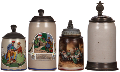 Four stoneware steins, .5L, transfer, pewter lid, a little wear; .5L, transfer, pewter lid, lid repaired; 1.0L, transfer, pewter lid, a little wear; 1.0L, porcelain inlaid lid & pewter base, good condition.