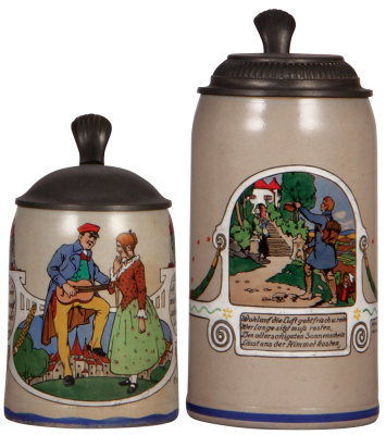 Four stoneware steins, .5L, transfer, pewter lid, a little wear; .5L, transfer, pewter lid, lid repaired; 1.0L, transfer, pewter lid, a little wear; 1.0L, porcelain inlaid lid & pewter base, good condition. - 2