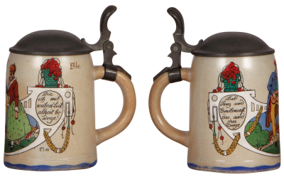 Four stoneware steins, .5L, transfer, pewter lid, a little wear; .5L, transfer, pewter lid, lid repaired; 1.0L, transfer, pewter lid, a little wear; 1.0L, porcelain inlaid lid & pewter base, good condition. - 4