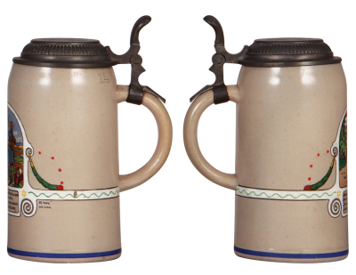 Four stoneware steins, .5L, transfer, pewter lid, a little wear; .5L, transfer, pewter lid, lid repaired; 1.0L, transfer, pewter lid, a little wear; 1.0L, porcelain inlaid lid & pewter base, good condition. - 5