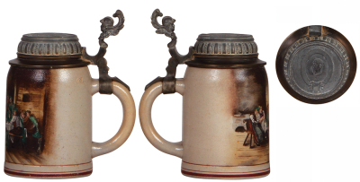 Four stoneware steins, .5L, transfer, pewter lid, a little wear; .5L, transfer, pewter lid, lid repaired; 1.0L, transfer, pewter lid, a little wear; 1.0L, porcelain inlaid lid & pewter base, good condition. - 6