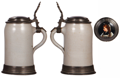 Four stoneware steins, .5L, transfer, pewter lid, a little wear; .5L, transfer, pewter lid, lid repaired; 1.0L, transfer, pewter lid, a little wear; 1.0L, porcelain inlaid lid & pewter base, good condition. - 7