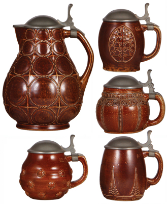 Five stoneware steins, 10.9" ht., relief, Art Nouveau, 2179, by Paul Wynand, pewter lid has minor dent; with, four, .5L, relief, numbers 2121, 2268, 2110, 2122, by Paul Wynand & Josef Breiden, all are Art Nouveau, all have pewter lids, all mint.