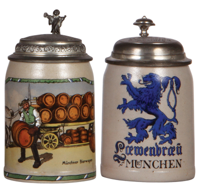 Two stoneware steins, .5L, transfer & hand-painted, Münchner Bierwagen, signed A. Roessler, relief pewter lid: scene of München, mint; with, .5L, transfer, Loewenbraü Muenchen, matching incised pewter lid, mint.