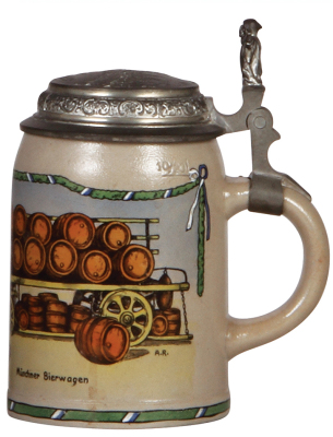 Two stoneware steins, .5L, transfer & hand-painted, Münchner Bierwagen, signed A. Roessler, relief pewter lid: scene of München, mint; with, .5L, transfer, Loewenbraü Muenchen, matching incised pewter lid, mint. - 2