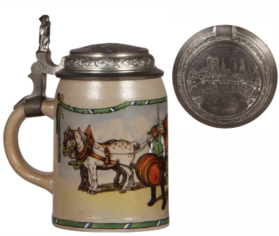 Two stoneware steins, .5L, transfer & hand-painted, Münchner Bierwagen, signed A. Roessler, relief pewter lid: scene of München, mint; with, .5L, transfer, Loewenbraü Muenchen, matching incised pewter lid, mint. - 3