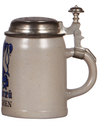 Two stoneware steins, .5L, transfer & hand-painted, Münchner Bierwagen, signed A. Roessler, relief pewter lid: scene of München, mint; with, .5L, transfer, Loewenbraü Muenchen, matching incised pewter lid, mint. - 4