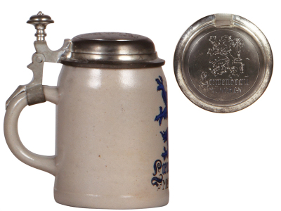 Two stoneware steins, .5L, transfer & hand-painted, Münchner Bierwagen, signed A. Roessler, relief pewter lid: scene of München, mint; with, .5L, transfer, Loewenbraü Muenchen, matching incised pewter lid, mint. - 5