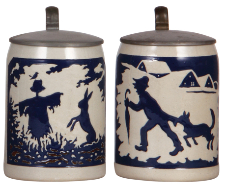 Two stoneware steins, .5L, marked 2243 and 2246, impressed design, pewter lids, mint.