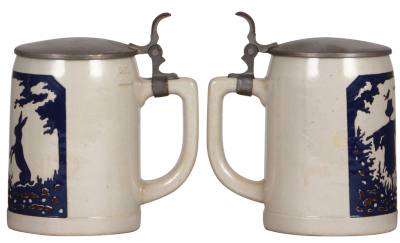 Two stoneware steins, .5L, marked 2243 and 2246, impressed design, pewter lids, mint. - 2