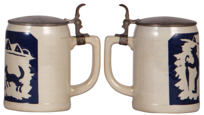 Two stoneware steins, .5L, marked 2243 and 2246, impressed design, pewter lids, mint. - 3