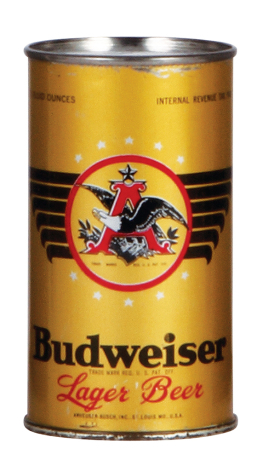 Anheuser-Busch Budweiser Lager Beer can, 4.7" ht., original unopened can, very good used condition.