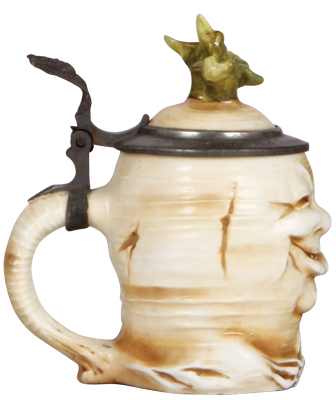 Character stein, .5L, porcelain, Happy Radish, marked Musterschutz, by Schierholz, two leaves chipped, one is repaired.   - 3