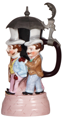 Character stein, .5L, porcelain, Umbrella Men, rare large music box base variation, small umbrella beads missing, otherwise mint. - 2