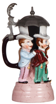 Character stein, .5L, porcelain, Umbrella Men, rare large music box base variation, small umbrella beads missing, otherwise mint. - 3