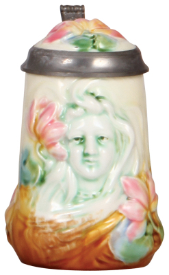 Majolica stein, .5L, marked 1127, relief, young woman, Art Nouveau, inlaid lid, mint.