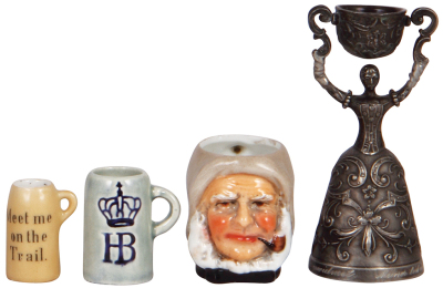 Group of four items, two mini stein, pewter wedding cup, porcelain Sea Captain mini mug, good condition.