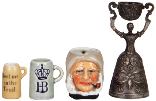Group of four items, two mini stein, pewter wedding cup, porcelain&nbsp;Sea Captain mini mug, good condition.