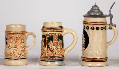 Three pottery steins, 4.0" to 6.4" ht., relief, Fairy Tale scenes, one with pewter lid, pewter repair, one has base discoloration, otherwise good condition. - 2