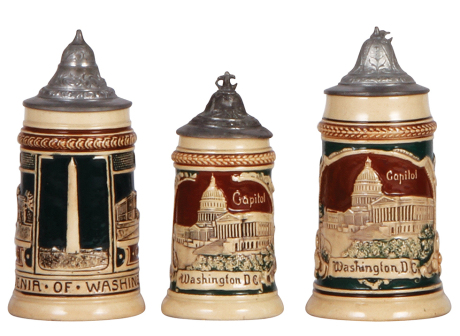 Three pottery steins, 4.5" to 5.4" ht., relief, scenes from Washington D. C., pewter lids, very good condition.