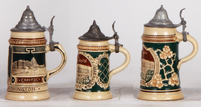 Three pottery steins, 4.5" to 5.4" ht., relief, scenes from Washington D. C., pewter lids, very good condition. - 2