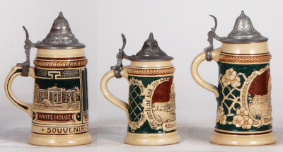 Three pottery steins, 4.5" to 5.4" ht., relief, scenes from Washington D. C., pewter lids, very good condition. - 3