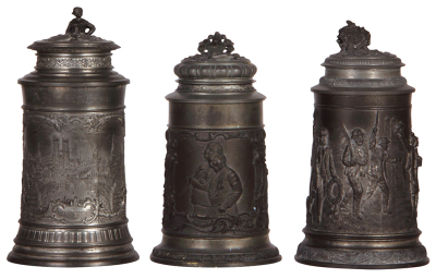  Three pewter steins, .5L, relief scenes, Munich scene, students, shooting festival, normal wear, good condition.            