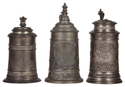 Three pewter steins, .5L, relief scenes, Munich scene, bicycle rider, German city coats-of-arms, normal wear, good condition.            