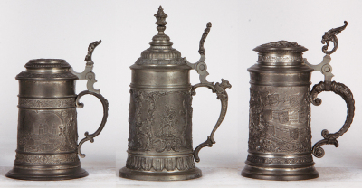 Three pewter steins, .5L, relief scenes, Munich scene, bicycle rider, German city coats-of-arms, normal wear, good condition.             - 2