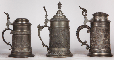 Three pewter steins, .5L, relief scenes, Munich scene, bicycle rider, German city coats-of-arms, normal wear, good condition.             - 3