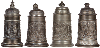 Four pewter steins, .5L, relief scenes, Munich Child, young woman, man & woman, Troffa!, normal wear, good condition.      