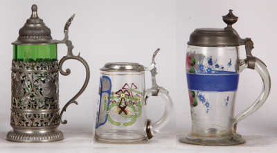 Three glass stein, .5L, blown, green, pewter overlay and lid, modern, mint; with, .5L, blown, transfer, pewter lid, cracked in rear; with, 1.0L, blown, mid 1800s, pewter lid dated 1854, crack around base is glued.  - 2