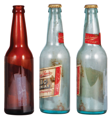 Two St. Louis A.B.C. bottles, 9.5" ht., St. Louis A.B.C. Bohemian Beer, Saint Louis A.B.C. Bohemian, one original cap, paper labels have wrinkles & tears, glass good condition. - 2