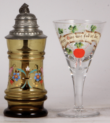 Two glass items, stein, .5L, blown, amber, enameled floral decoration, pewter lid, mint; with, 7.5" ht., blown, clear, enameled, mint.