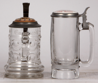 Two glass steins, .5L, blown, cut, inlaid lid from a Mettlach mosaic stein, mint; with, .3L, pressed, inlaid lid: Berlin Bowling Alley's & Cafe Annex, mint. 