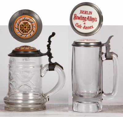 Two glass steins, .5L, blown, cut, inlaid lid from a Mettlach mosaic stein, mint; with, .3L, pressed, inlaid lid: Berlin Bowling Alley's & Cafe Annex, mint.  - 2