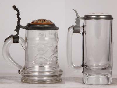 Two glass steins, .5L, blown, cut, inlaid lid from a Mettlach mosaic stein, mint; with, .3L, pressed, inlaid lid: Berlin Bowling Alley's & Cafe Annex, mint.  - 3