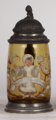 Glass stein, .5L, blown, amber, transfer & hand-painted, Wohl Bekomm's, pewter lid: J.R. München, wear.