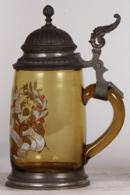 Glass stein, .5L, blown, amber, transfer & hand-painted, Wohl Bekomm's, pewter lid: J.R. München, wear. - 2