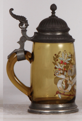 Glass stein, .5L, blown, amber, transfer & hand-painted, Wohl Bekomm's, pewter lid: J.R. München, wear. - 3