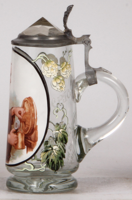 Glass stein, .5L, blown, transfer, Monk, dated 1911, glass prism inlaid lid, mint. - 2