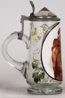 Glass stein, .5L, blown, transfer, Monk, dated 1911, glass prism inlaid lid, mint. - 3